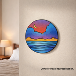 Circular wall art depicting a sunset over water with a crescent moon, mounted on a beige wall.