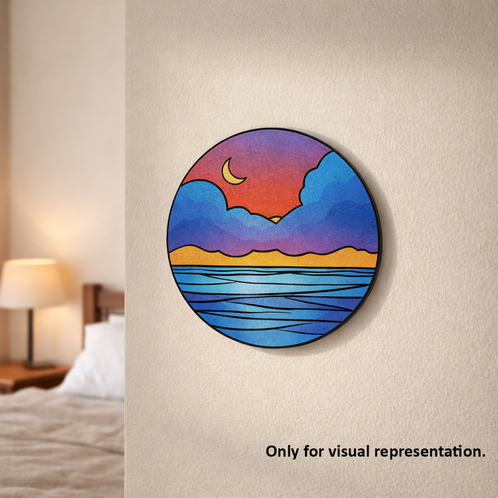 Circular wall art depicting a sunset over water with a crescent moon, mounted on a beige wall.