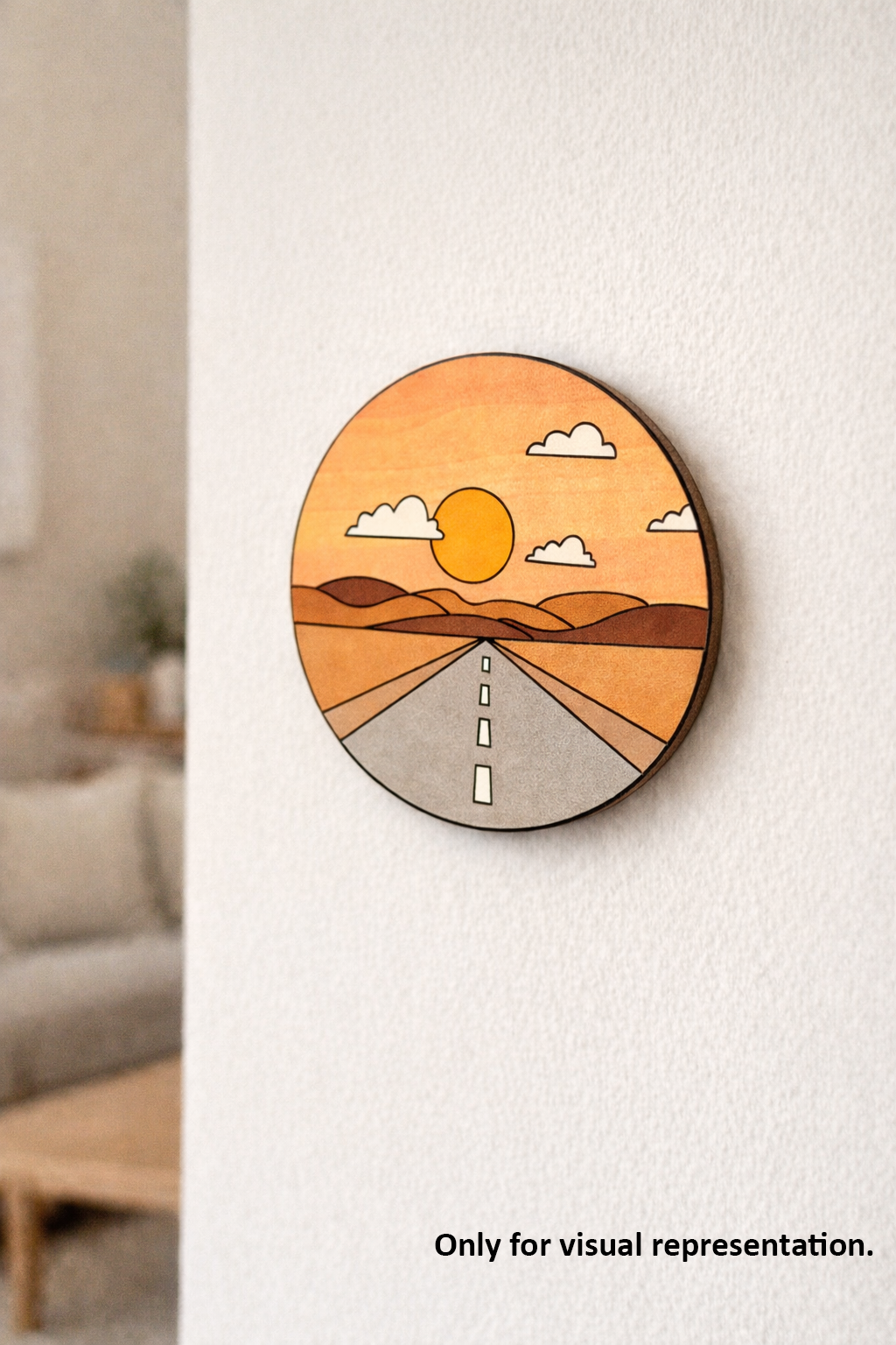 MDF DIY wall art with a sunset design on a white wall.