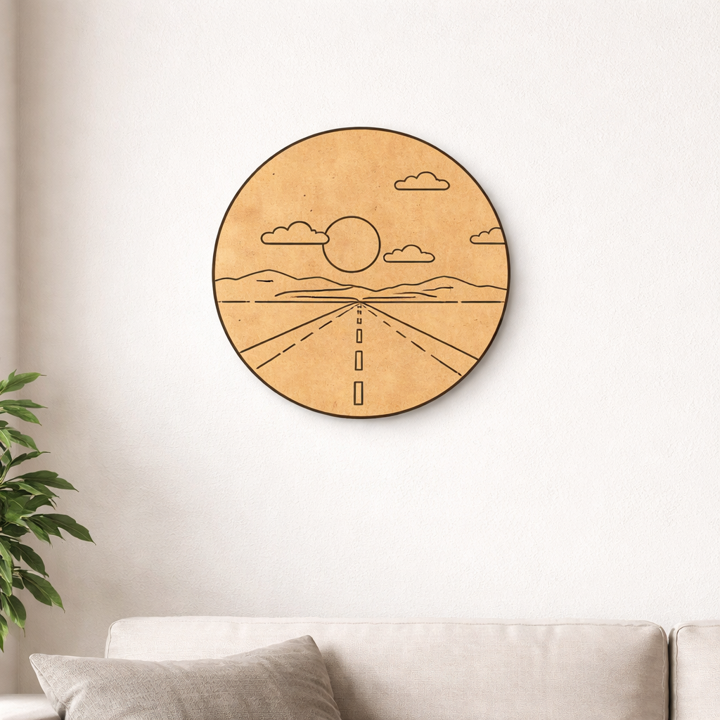 MDF DIY wall art with a sunset design on a white wall above a sofa.