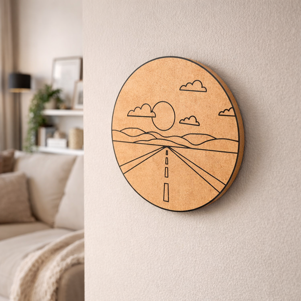 MDF DIY wall art with a road and landscape design in a living room.