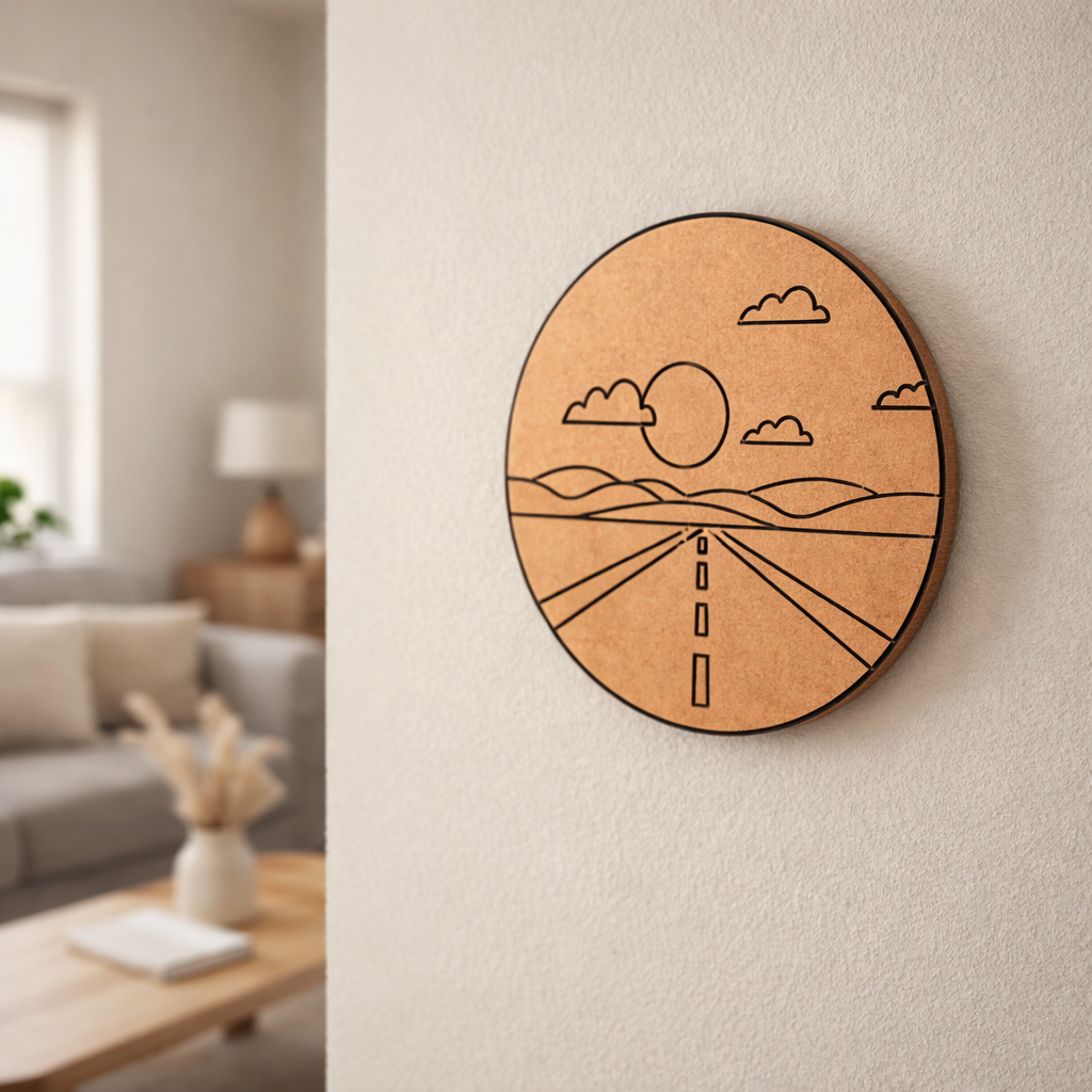 MDF DIY wall art with a road and landscape design in a living room.