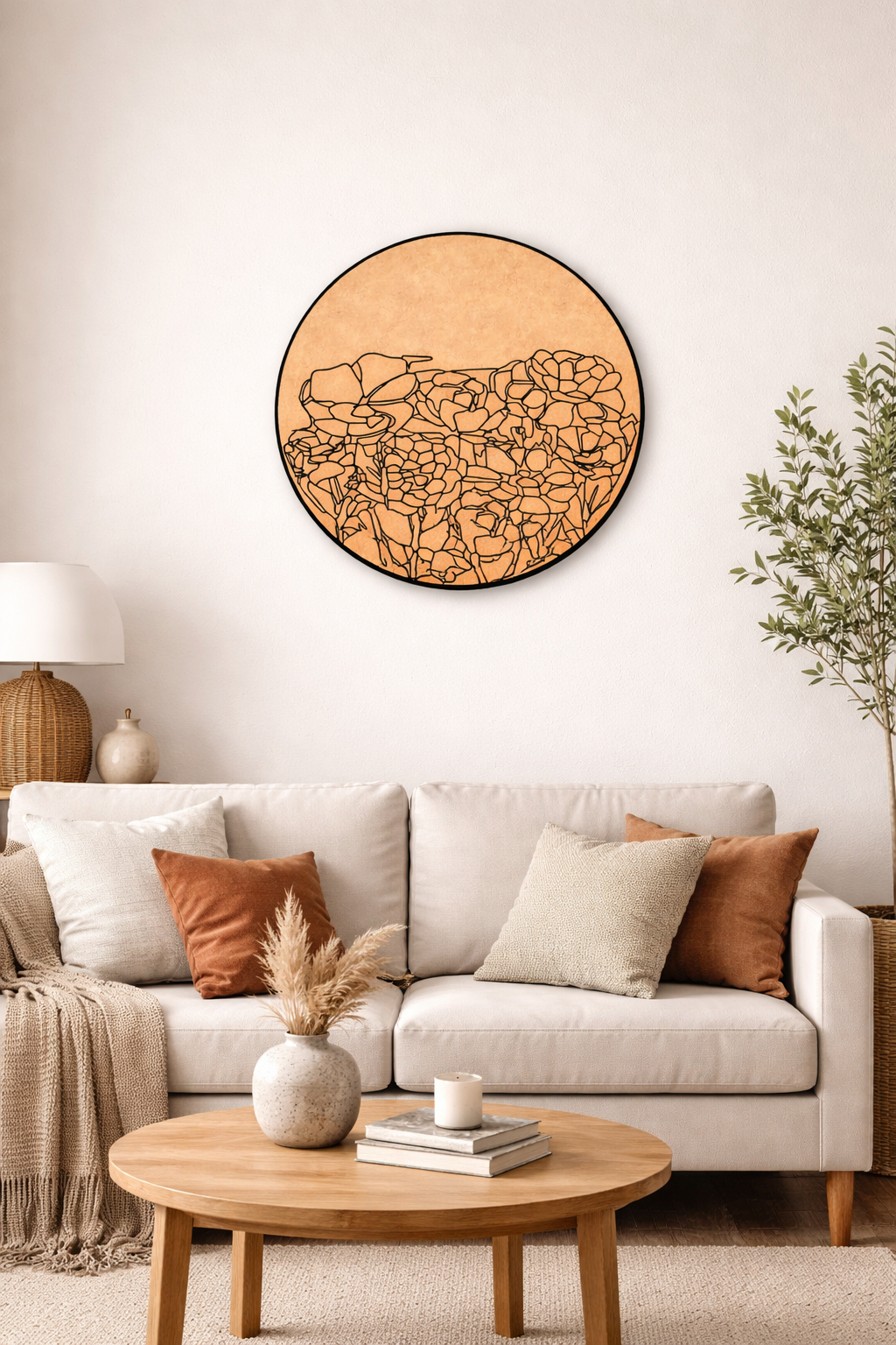 Living room with a beige sofa, wooden coffee table, and decorative MDF wall art.