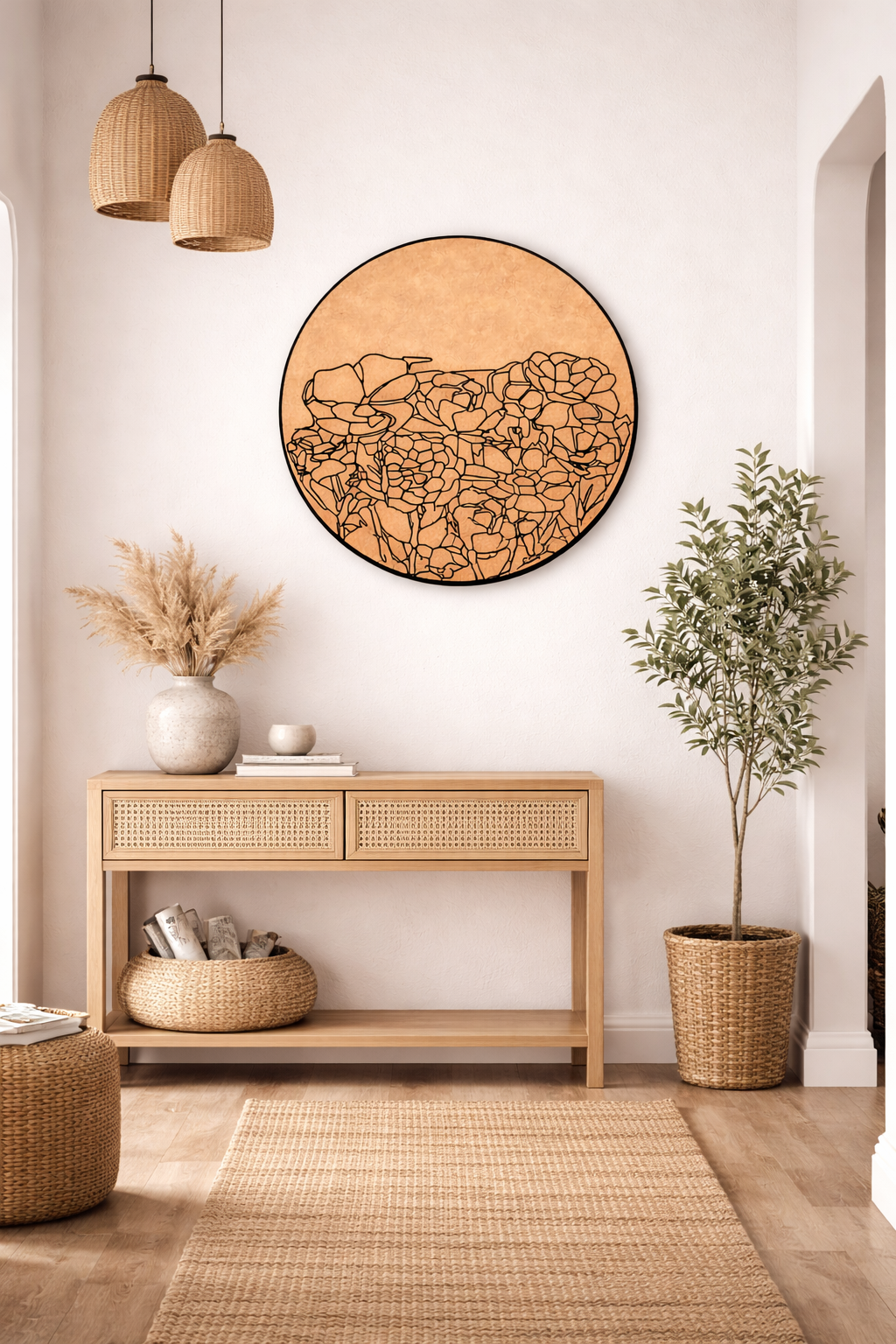 MDF  wall art piece in a room with a console table, plants, and hanging lights.