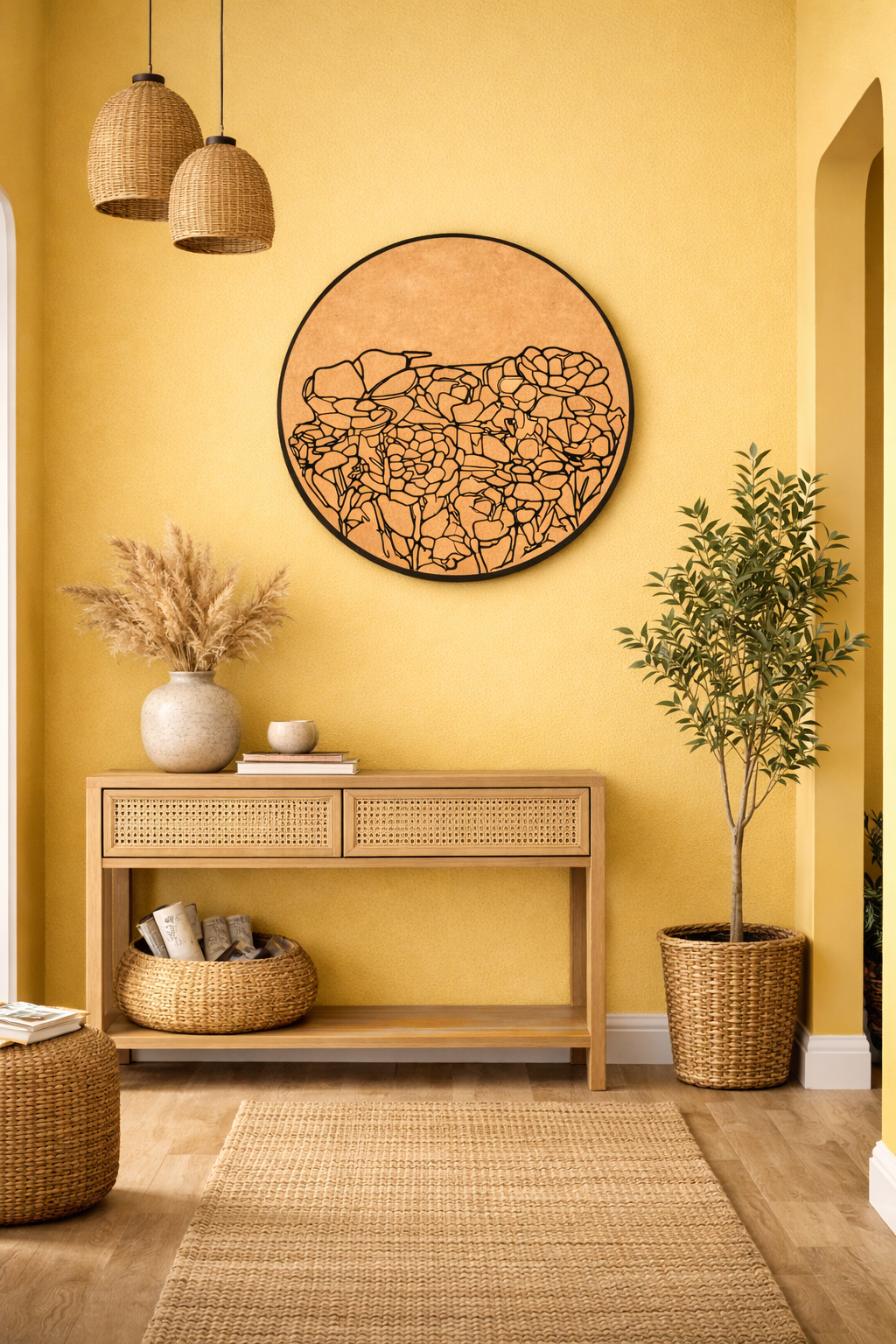 Nest living room with wooden console table, MDF wall art, and plants against a yellow wall.