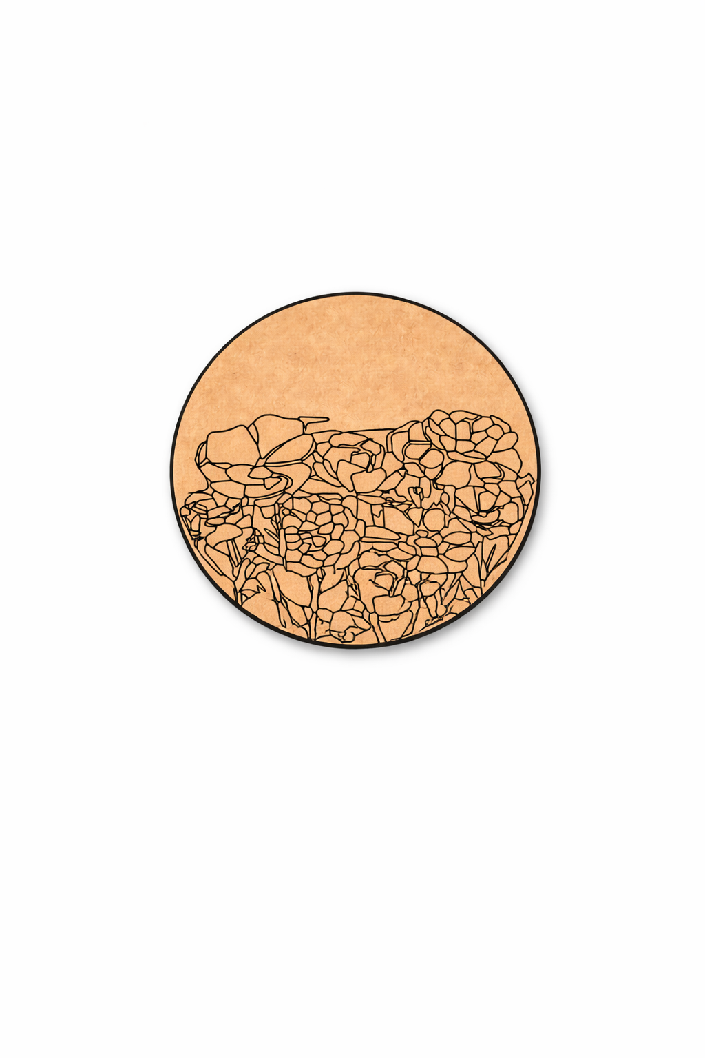 Round MDF Wall Art with floral pattern on a white background