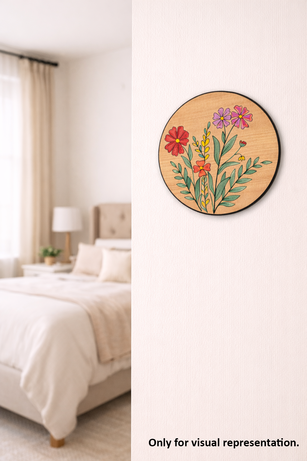 Decorative floral MDF DIY wall art on a white wall next to a bed