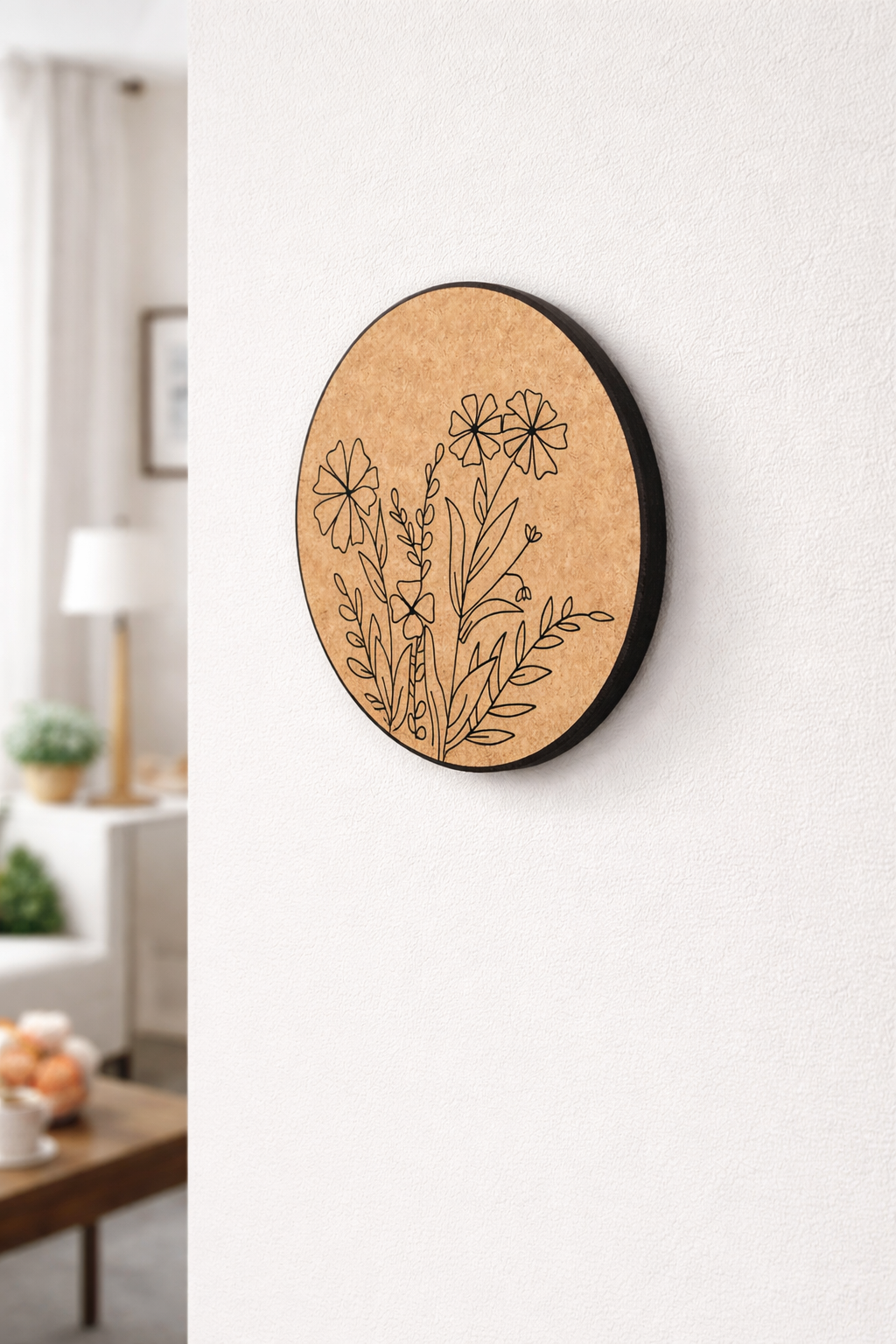 MDF DIY wall art with floral design on a white wall