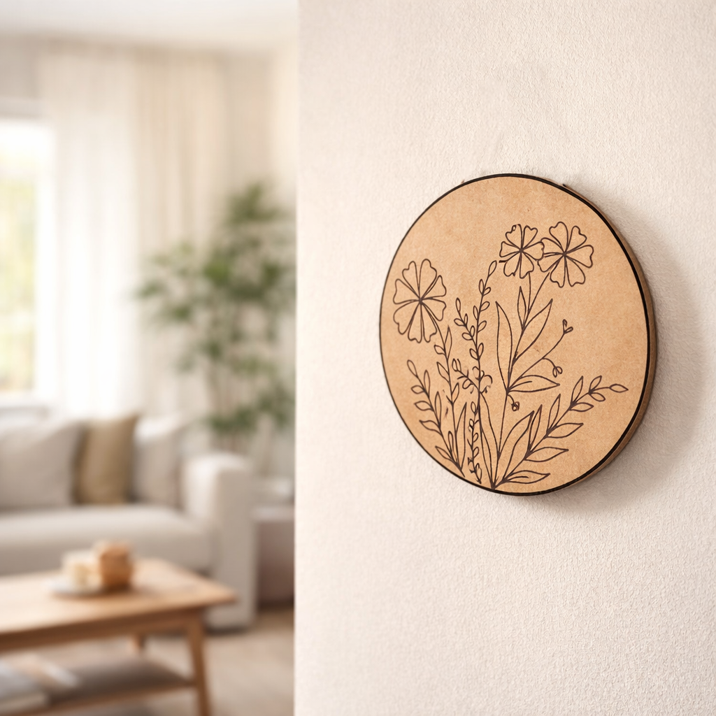 MDF DIY wall art with floral design in a living room setting