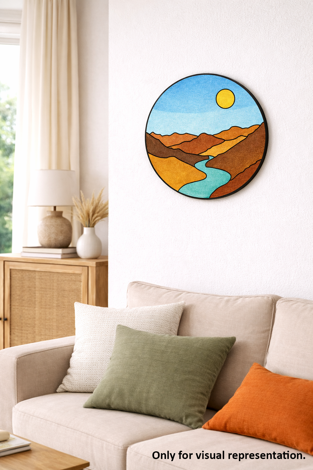 Decorative MDF DIY wall art of a landscape with a sun and mountains in a living room.