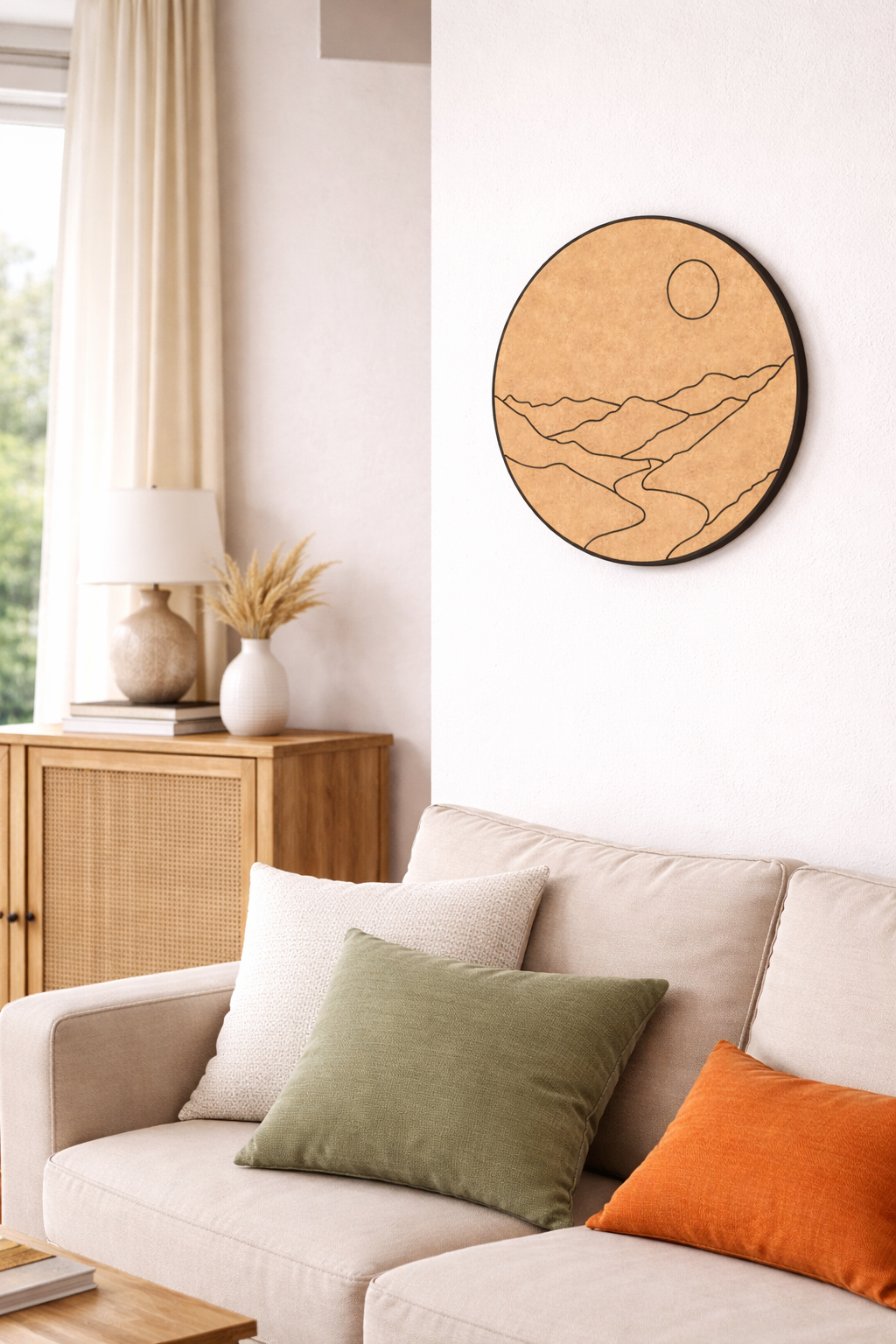 Living room with a beige sofa, decorative pillows, and a MDF DIY wall art piece.