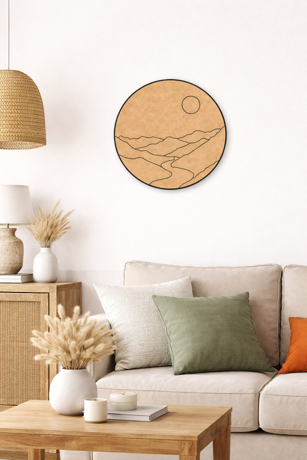 Living room with a round MDF DIY wall art piece, beige sofa, and wooden coffee table.
