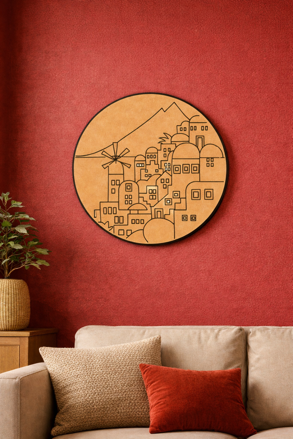 MDF DIY Wall Art of a cityscape on a red wall above a beige sofa with pillows.