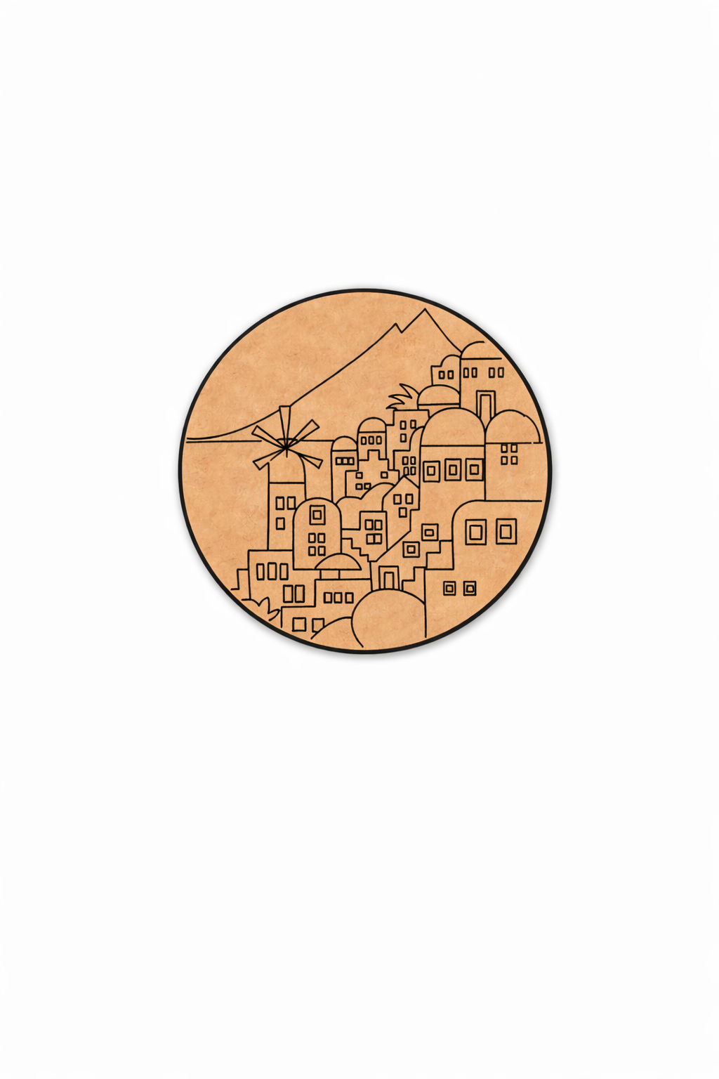 Circular MDF DIY Wall Art with a stylized illustration of a village and windmill on a white background