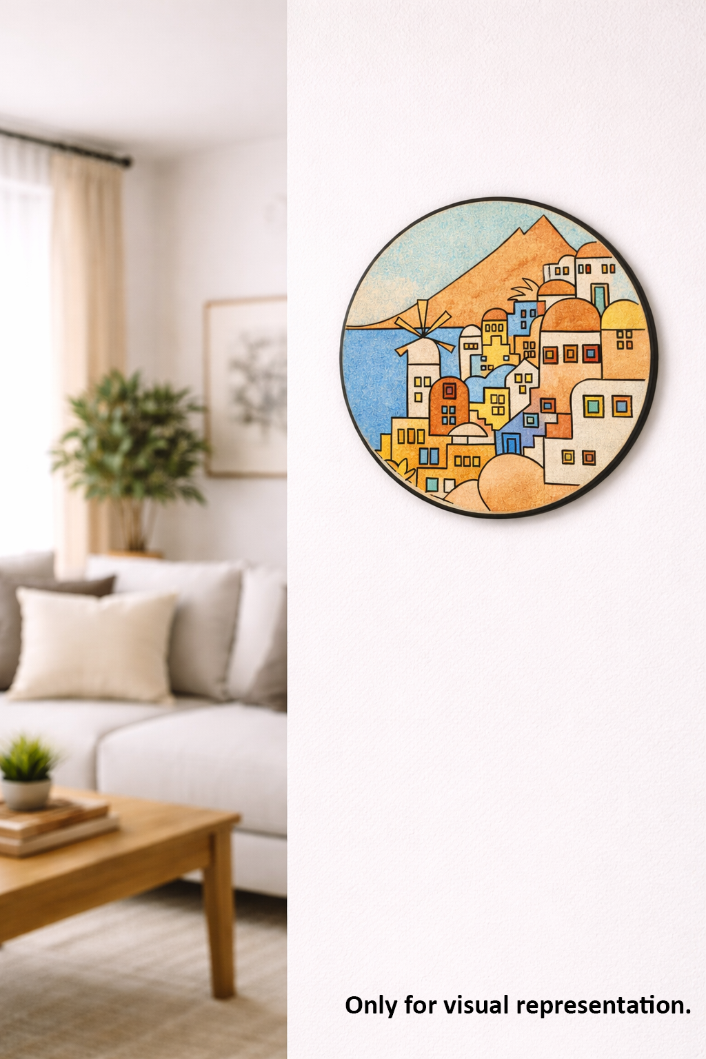 Living room with a colorful abstract MDF wall art piece.