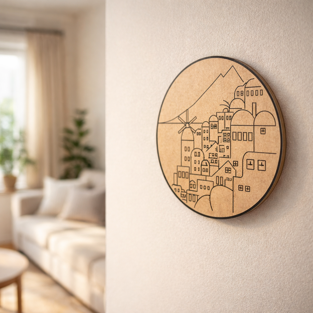 MDF wall art depicting a village scene with a windmill in a living room setting.