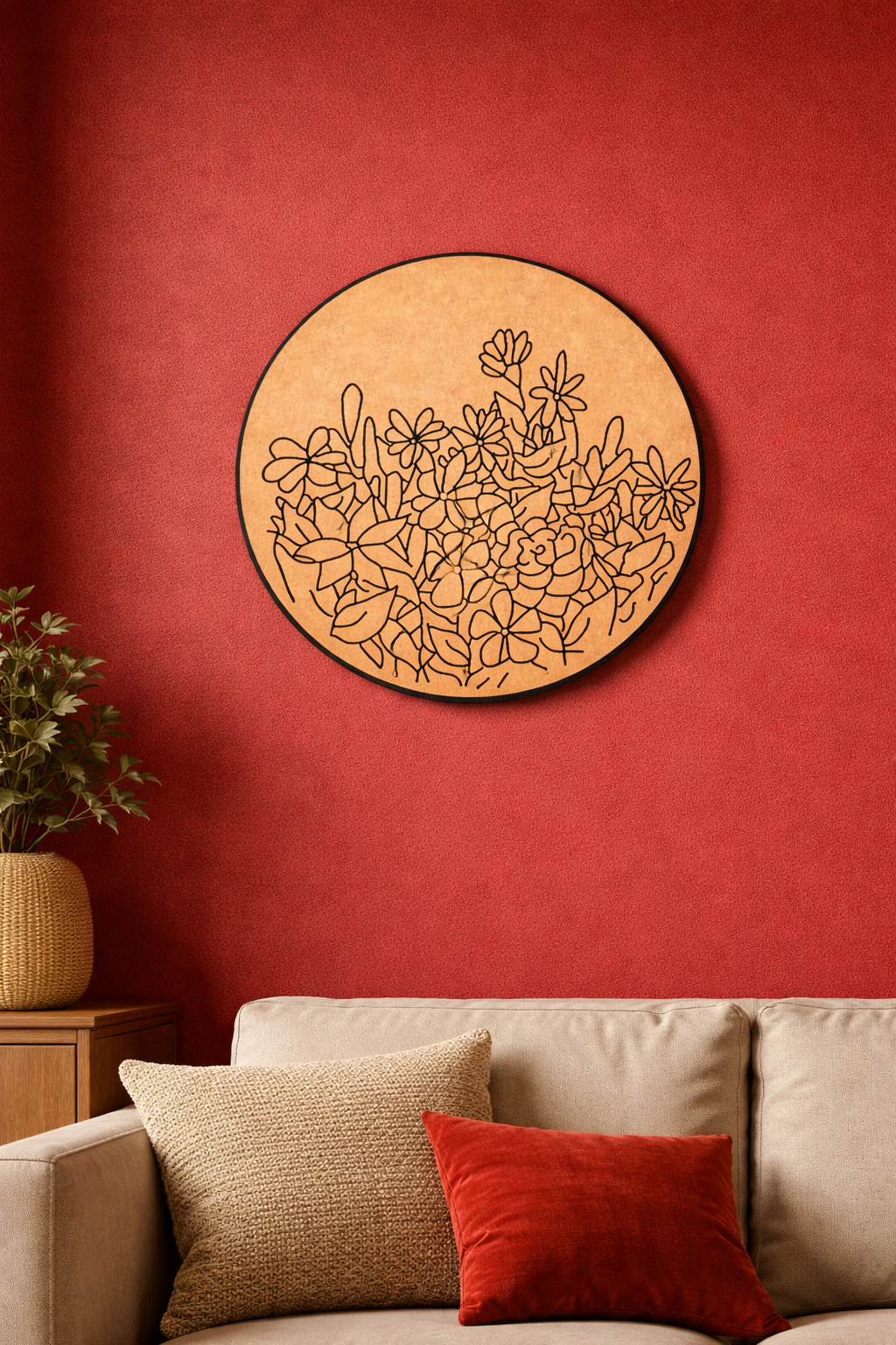 Decorative MDF DIY wall art with floral design on a red wall above a beige sofa.