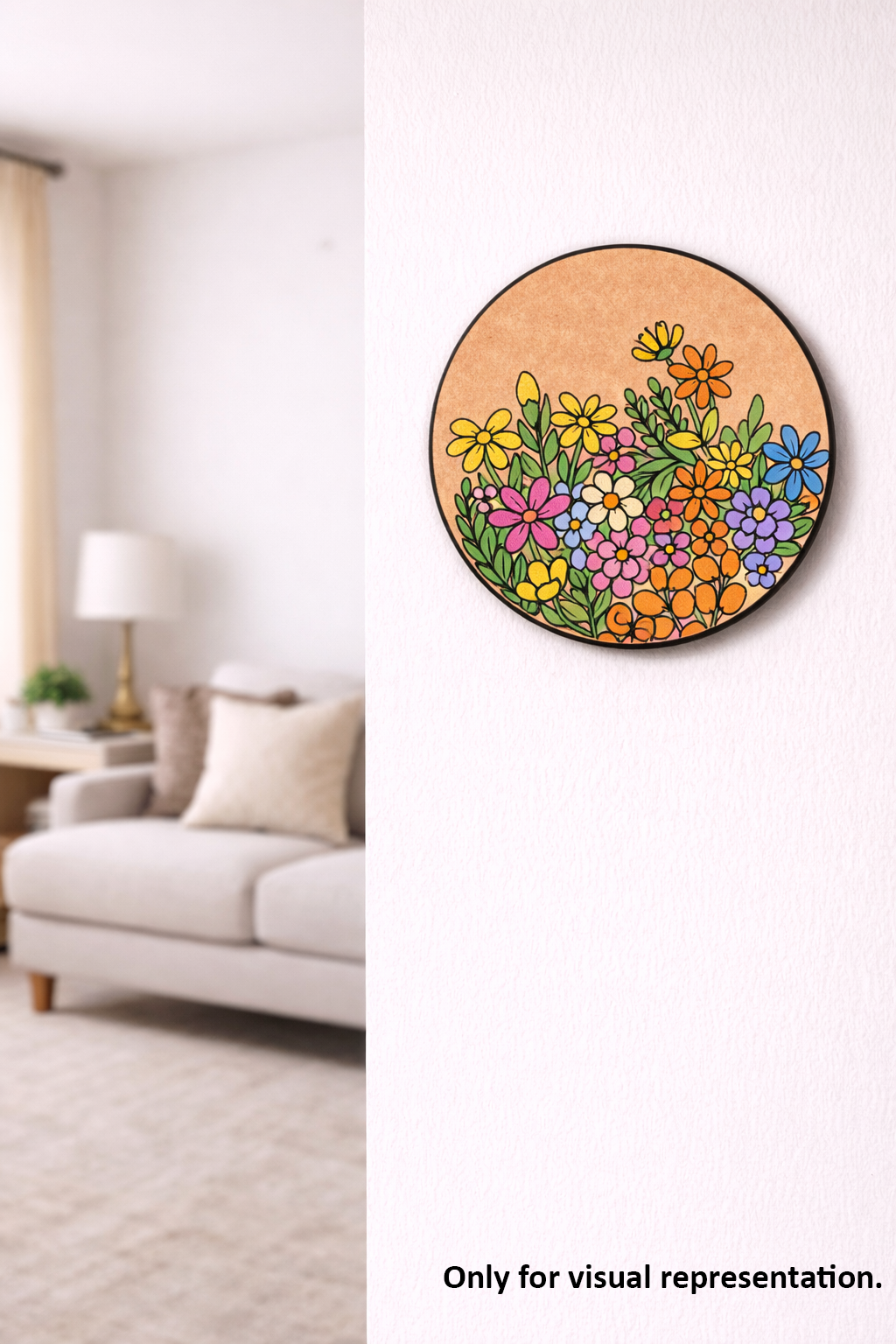 Decorative MDF DIY wall art with colorful flowers in a living room setting.