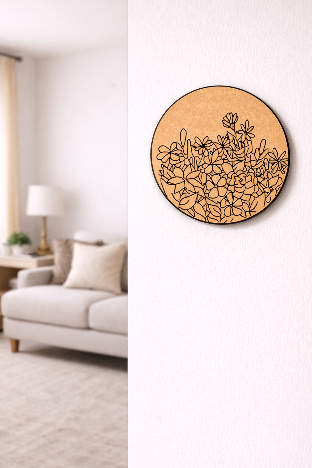 Round MDF DIY wall art with floral design in a living room setting