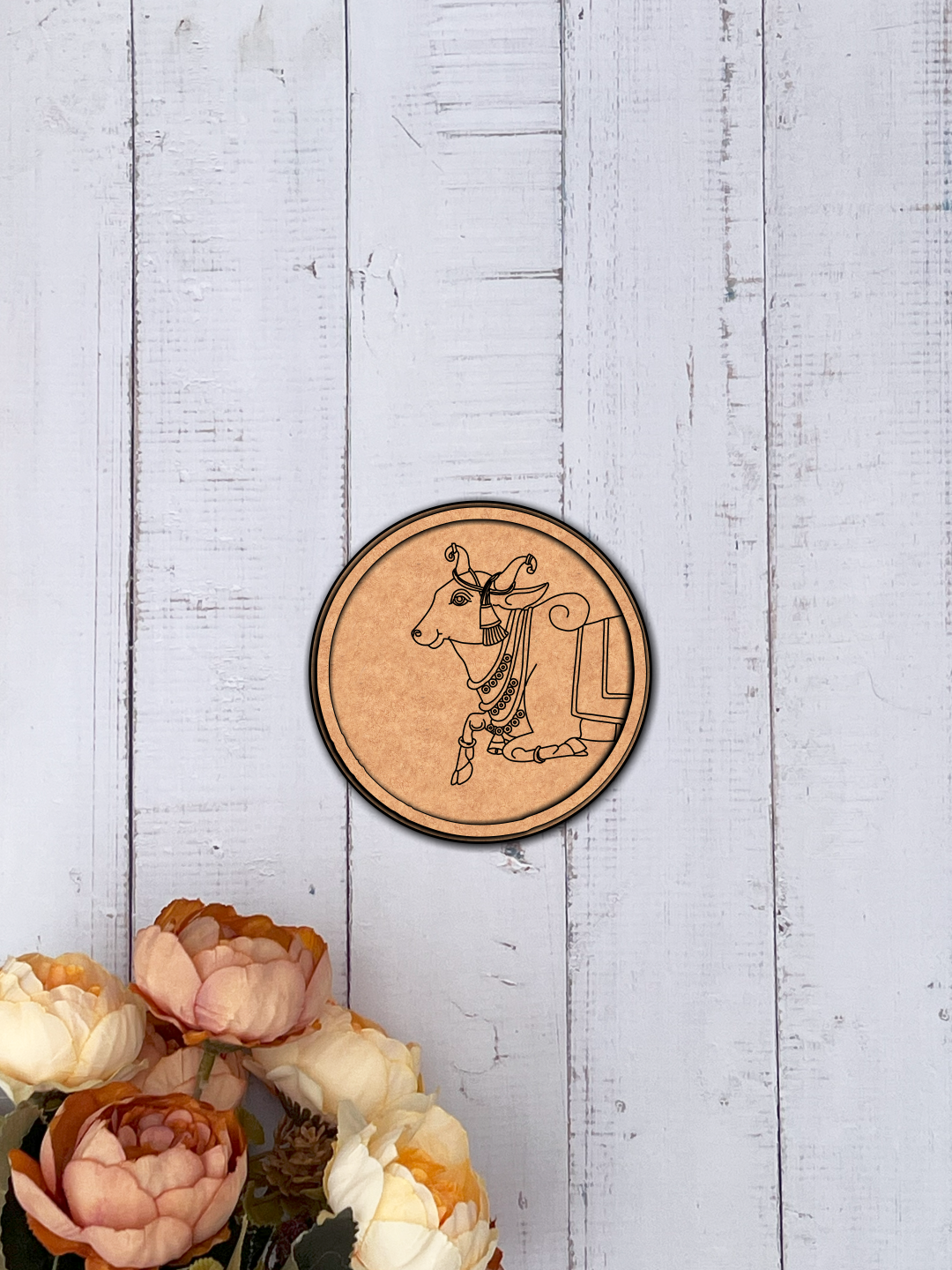 Bordered pre marked MDF round base with cow design for DIY painting and craft projects hanging on wooden wall