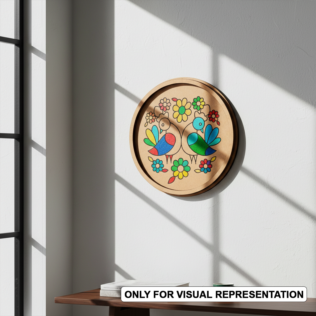 Bordered painted pre marked MDF round base with twin birds floral design for DIY painting and craft projects hanging on wall