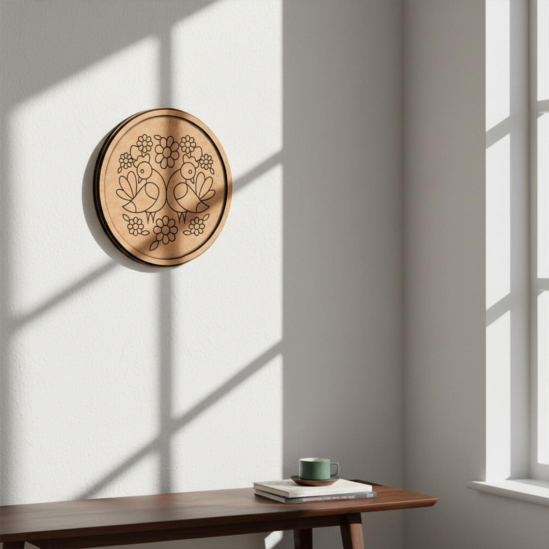Bordered pre marked MDF round base with twin birds floral design for DIY painting and craft projects hanging on wall