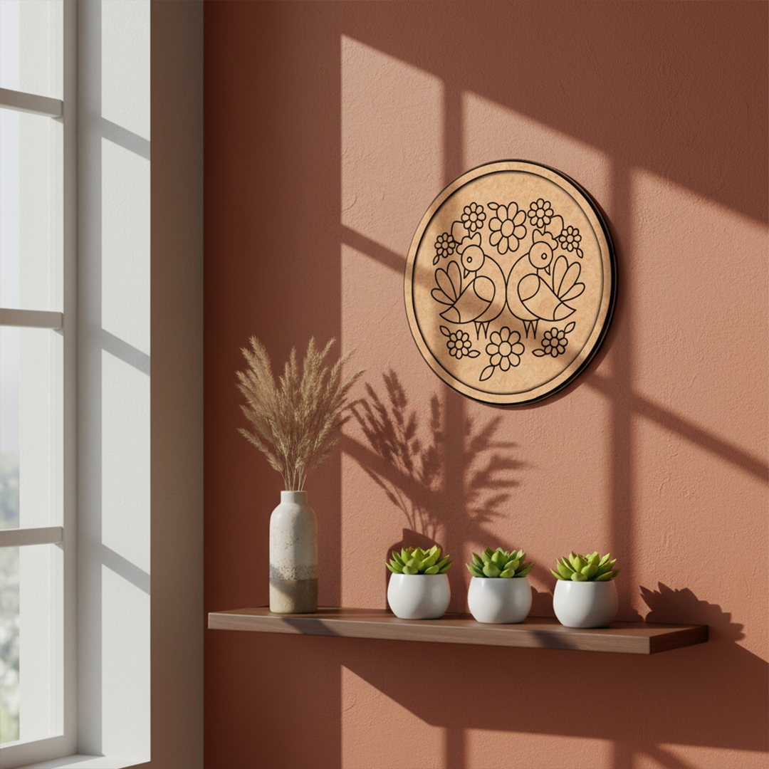 Bordered pre marked MDF round base with twin birds floral design for DIY painting and craft projects hanging on wall