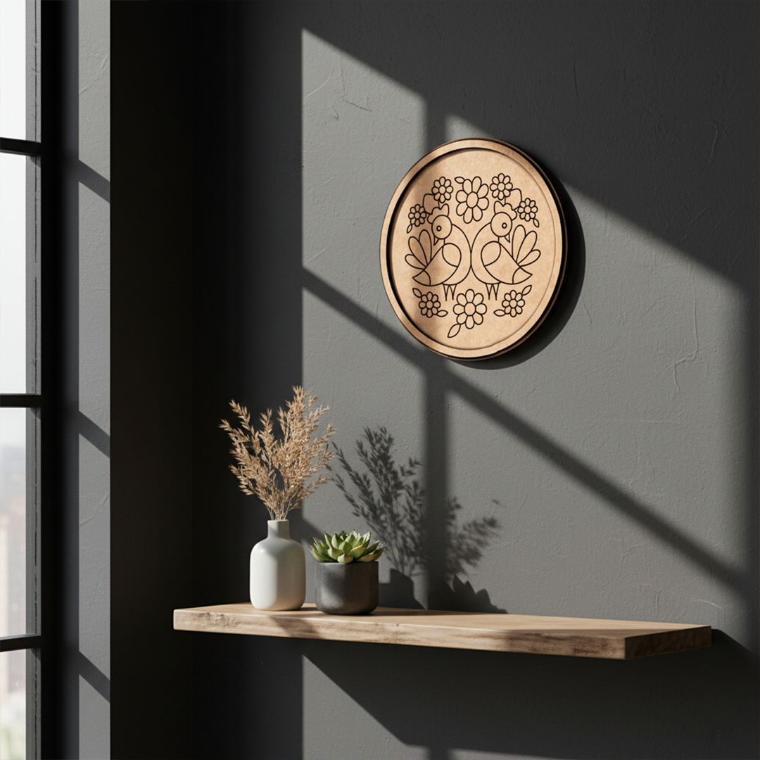 Bordered pre marked MDF round base with twin birds floral design for DIY painting and craft projects hanging on wall