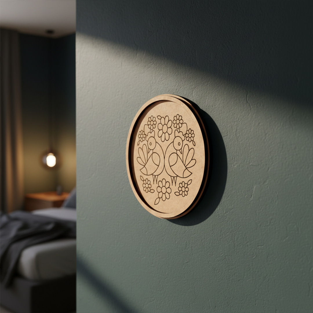 Bordered pre marked MDF round base with twin birds floral design for DIY painting and craft projects hanging on wall