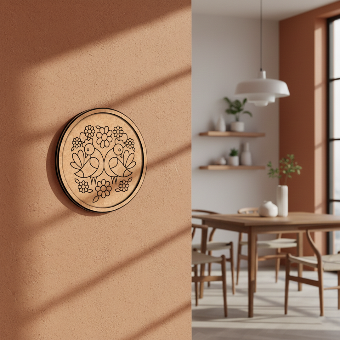 Bordered pre marked MDF round base with twin birds floral design for DIY painting and craft projects hanging on wall