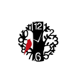 Black wall clock with a tree-shaped design featuring scattered numbers and a red bird accent perched on the tree, creating a unique and artistic look