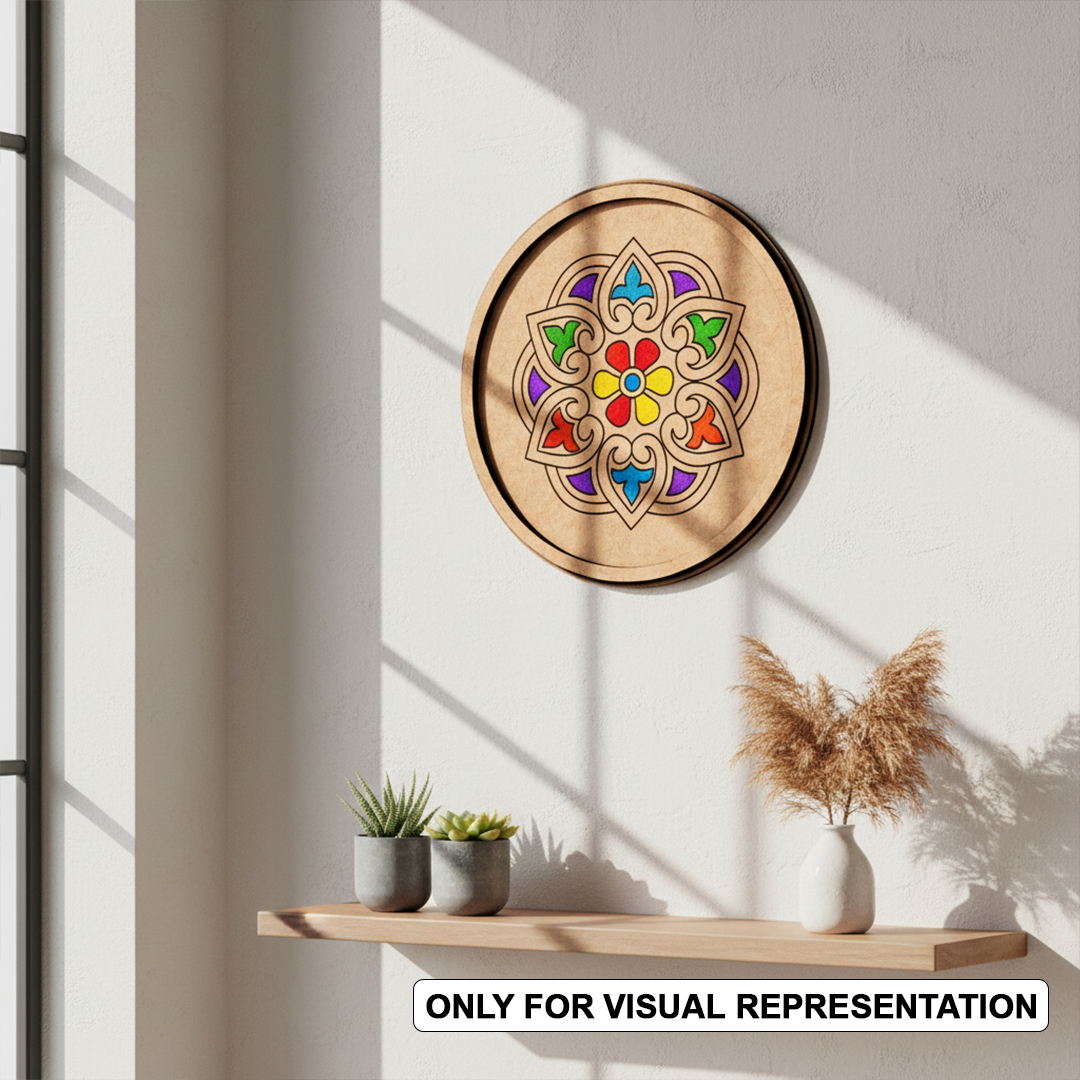 Bordered painted pre marked MDF round base with floral mandala design for DIY painting and craft projects hanging on a wall