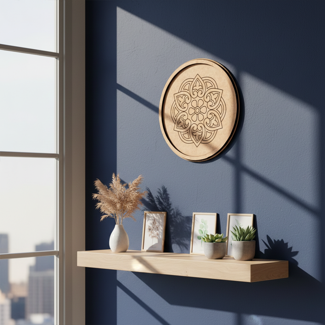 Bordered pre marked MDF round base with floral mandala design for DIY painting and craft projects hanging on a wall