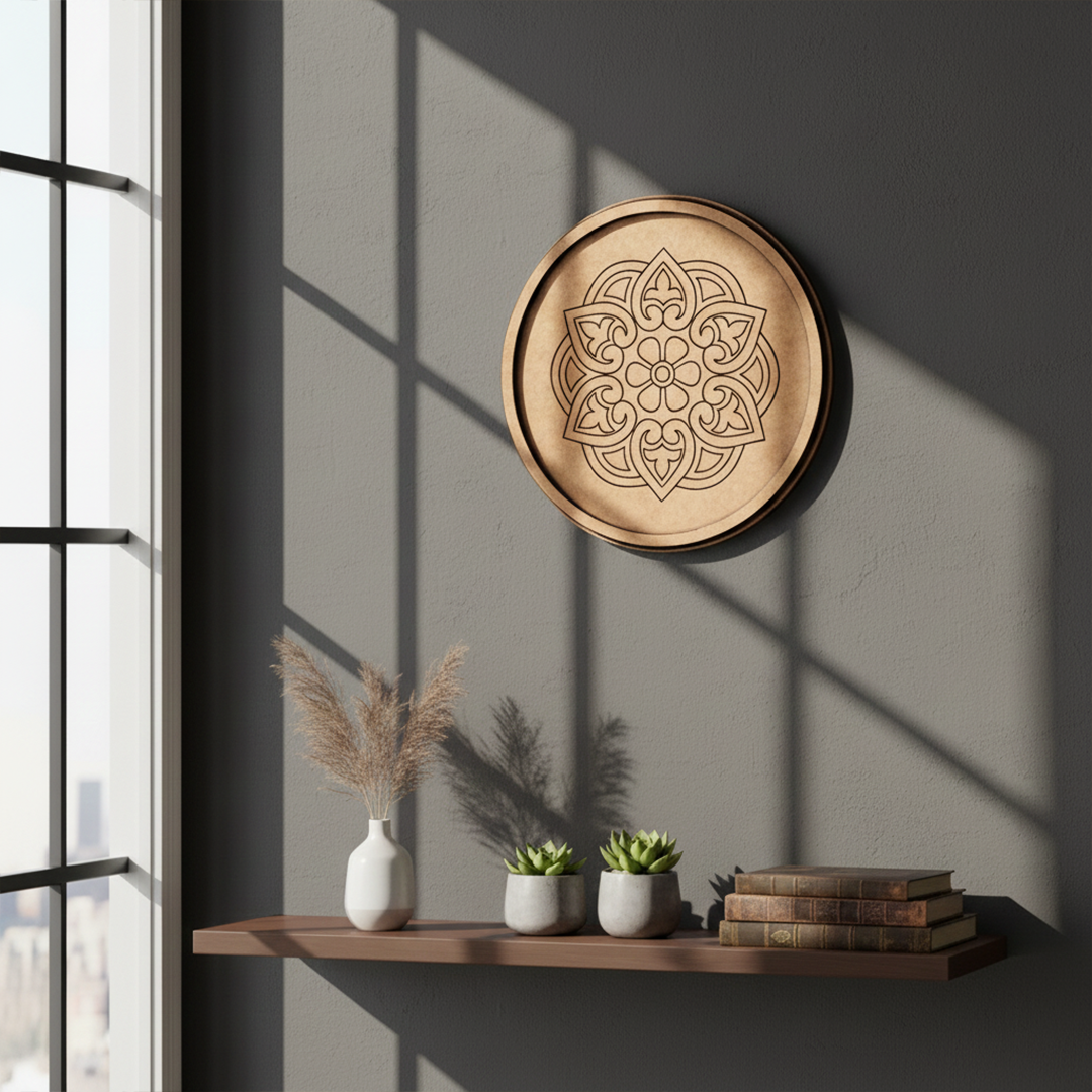 Bordered pre marked MDF round base with floral mandala design for DIY painting and craft projects hanging on a wall