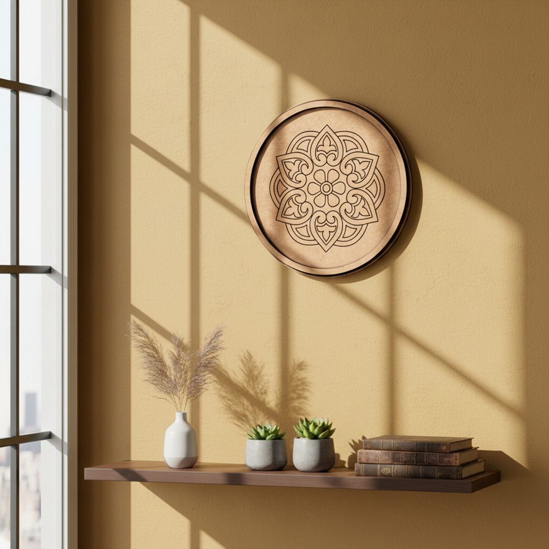 Bordered pre marked MDF round base with floral mandala design for DIY painting and craft projects hanging on a wall