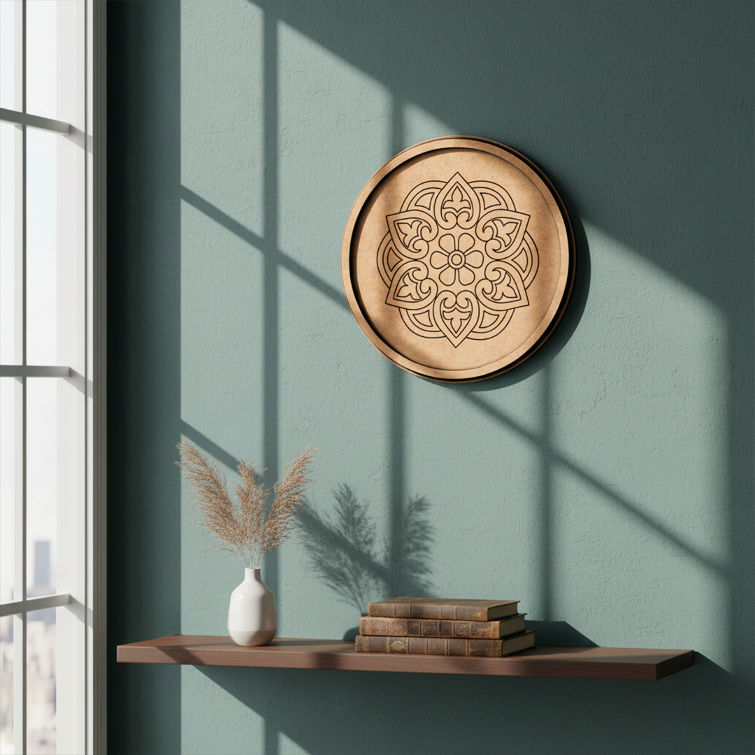 Bordered pre marked MDF round base with floral mandala design for DIY painting and craft projects hanging on a wall