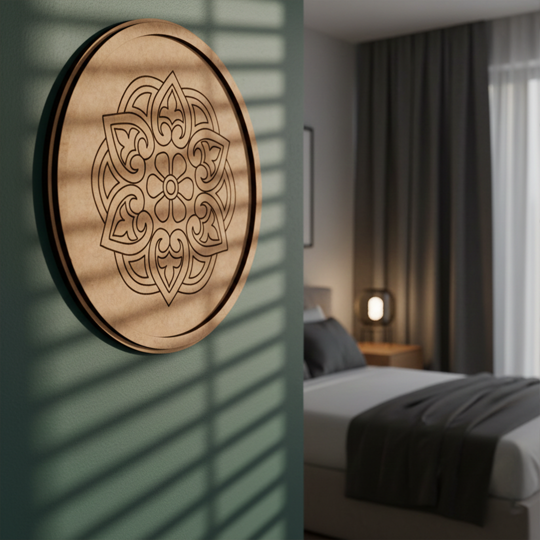 Bordered pre marked MDF round base with floral mandala design for DIY painting and craft projects hanging on a wall