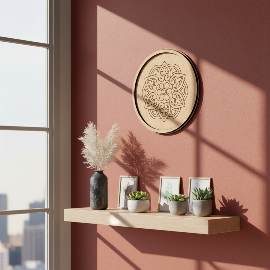 Bordered pre marked MDF round base with floral mandala design for DIY painting and craft projects hanging on a wall