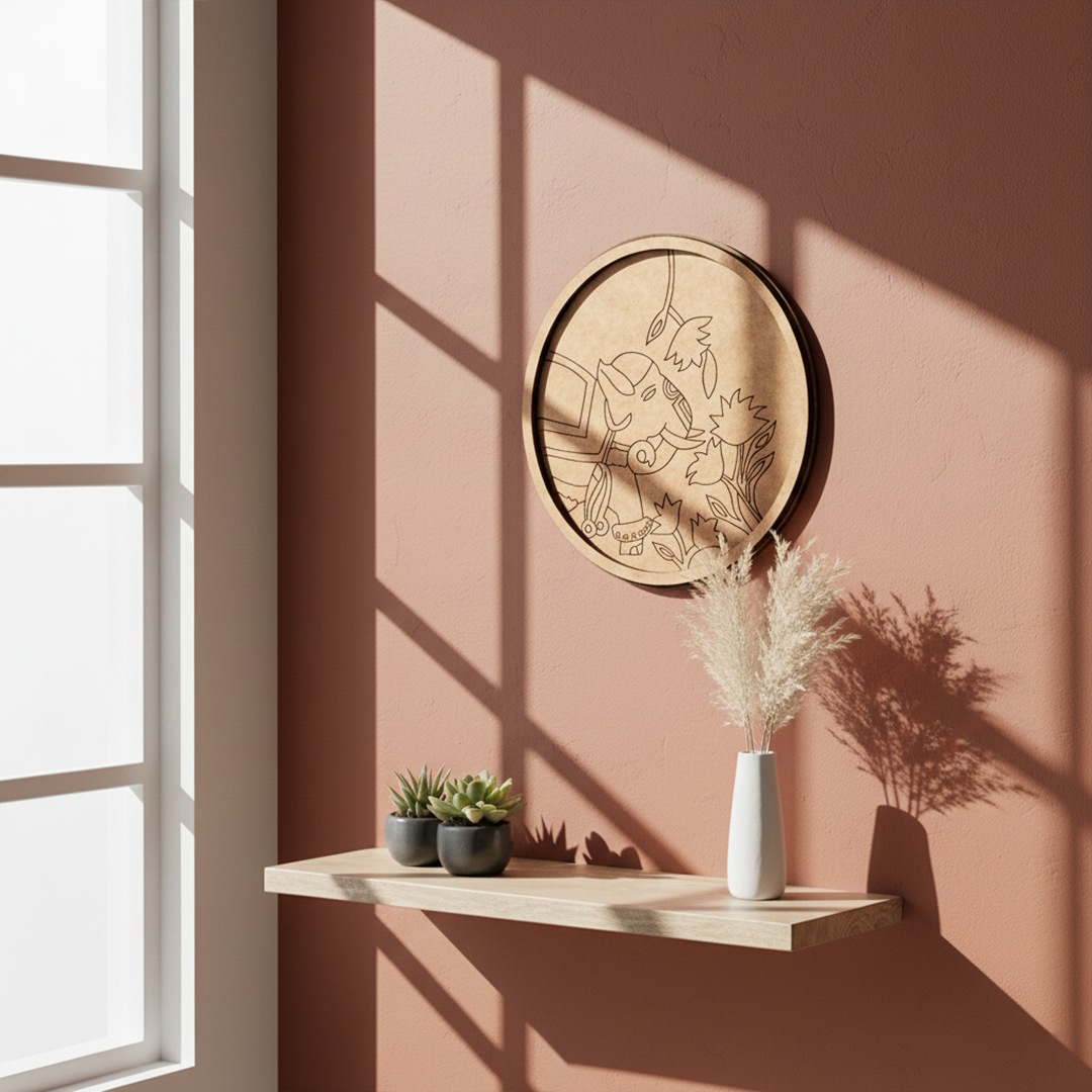 Bordered pre marked MDF round base with Ganesha design for DIY painting and craft projects hanging on wall