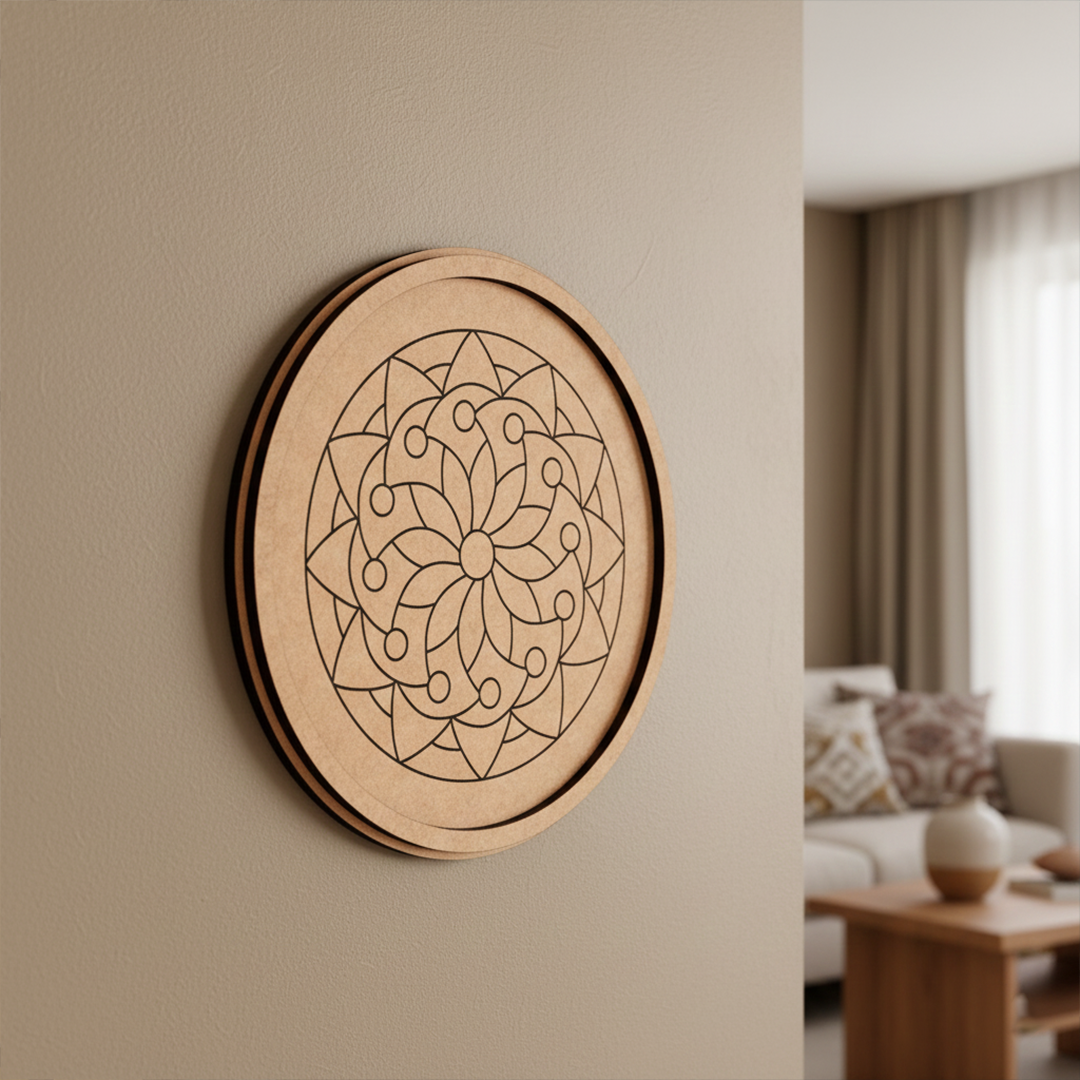 Bordered pre marked MDF round base with circular mandala design for DIY painting and craft projects hanging on wall