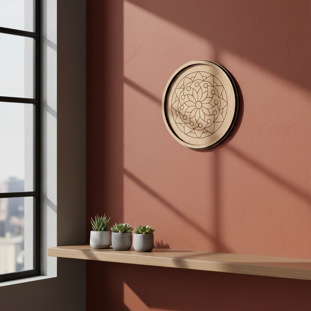 Bordered pre marked MDF round base with circular mandala design for DIY painting and craft projects hanging on wall