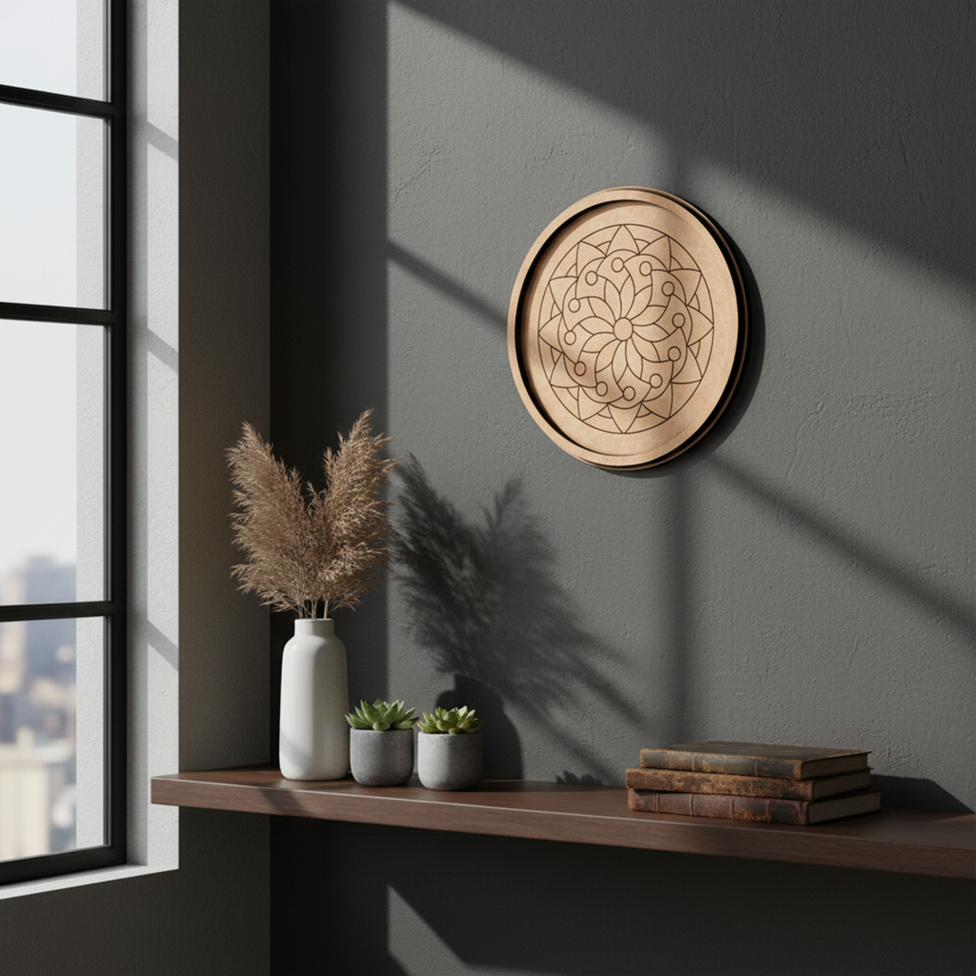 Bordered pre marked MDF round base with circular mandala design for DIY painting and craft projects hanging on wall