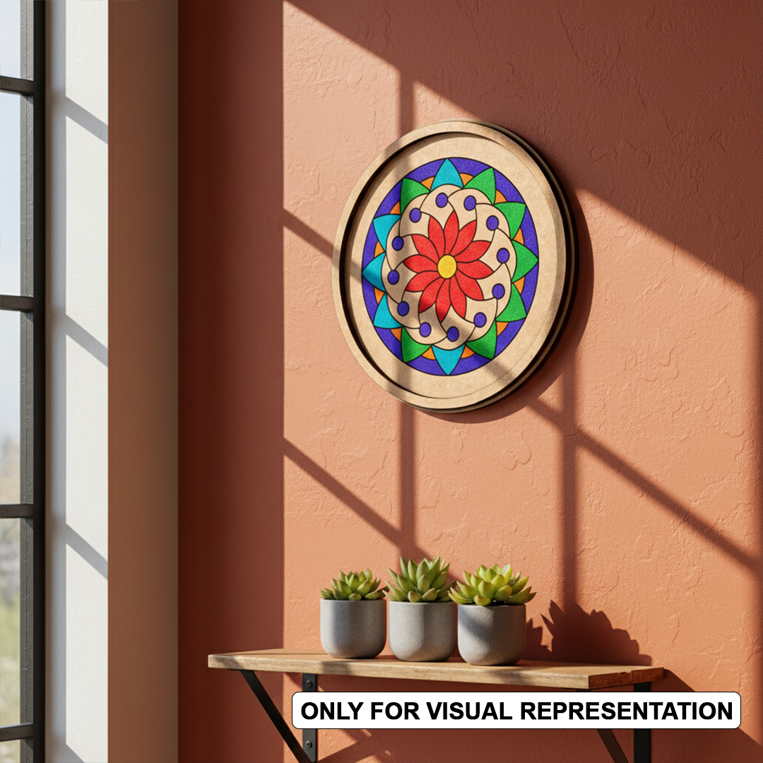Bordered painted pre marked MDF round base with circular mandala design for DIY painting and craft projects hanging on wall