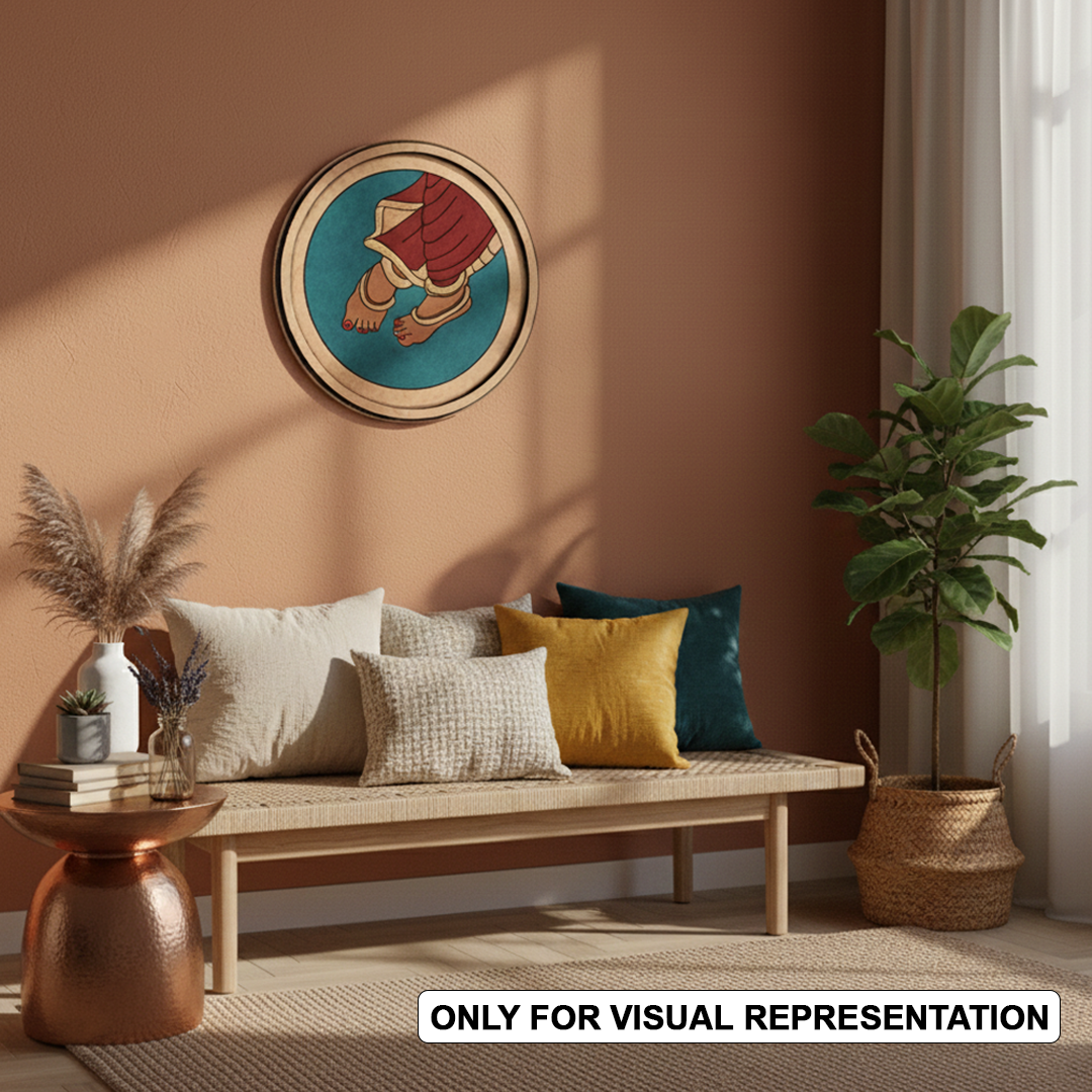 Bordered painted pre marked MDF round base with Krishna feet design for DIY painting and craft projects hanging on wall