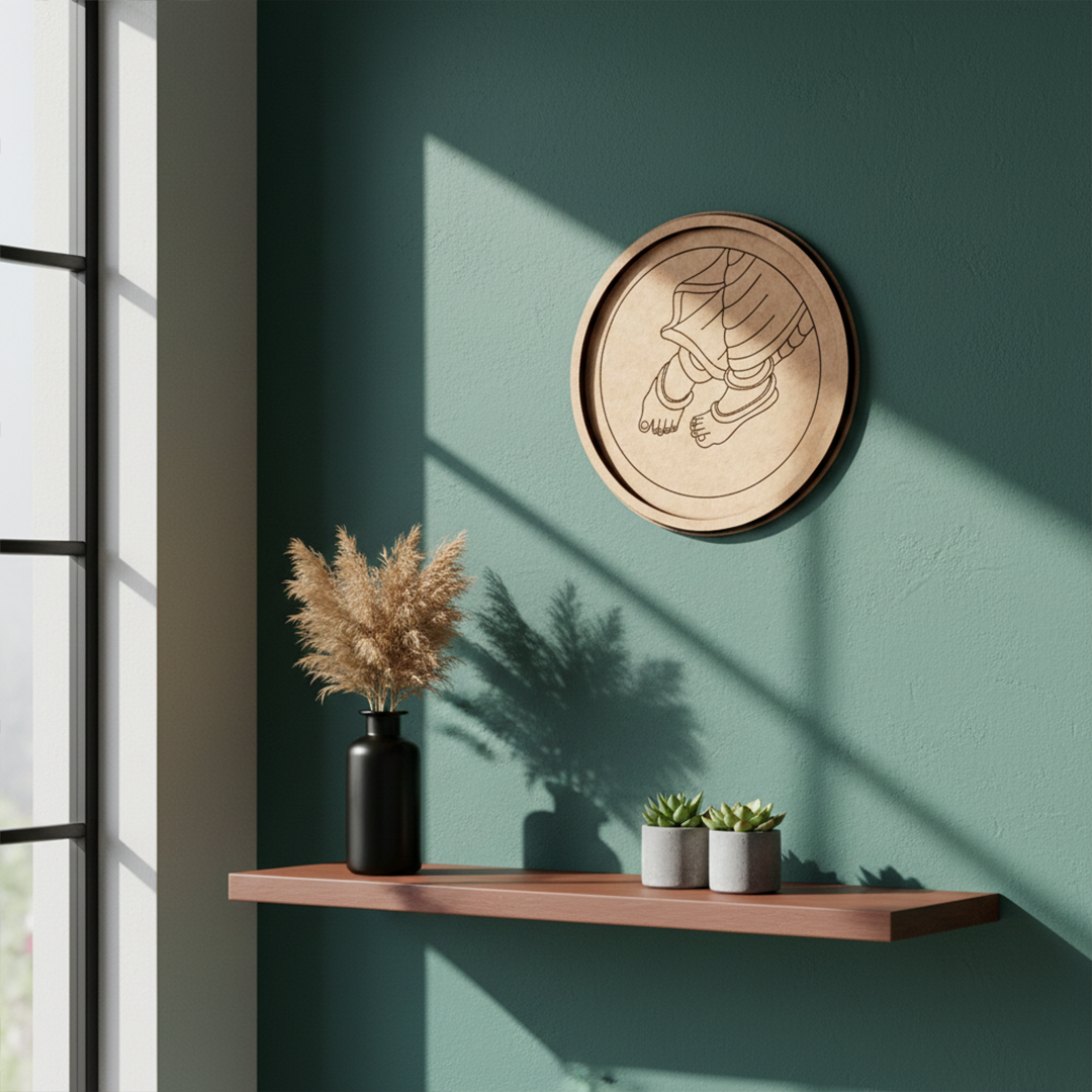 Bordered pre marked MDF round base with Krishna feet design for DIY painting and craft projects hanging on wall