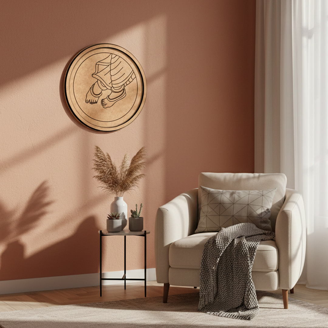 Bordered pre marked MDF round base with Krishna feet design for DIY painting and craft projects hanging on wall