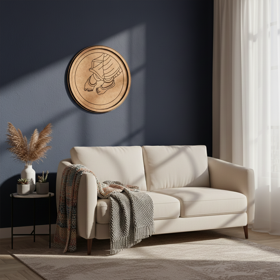 Bordered pre marked MDF round base with Krishna feet design for DIY painting and craft projects hanging on wall