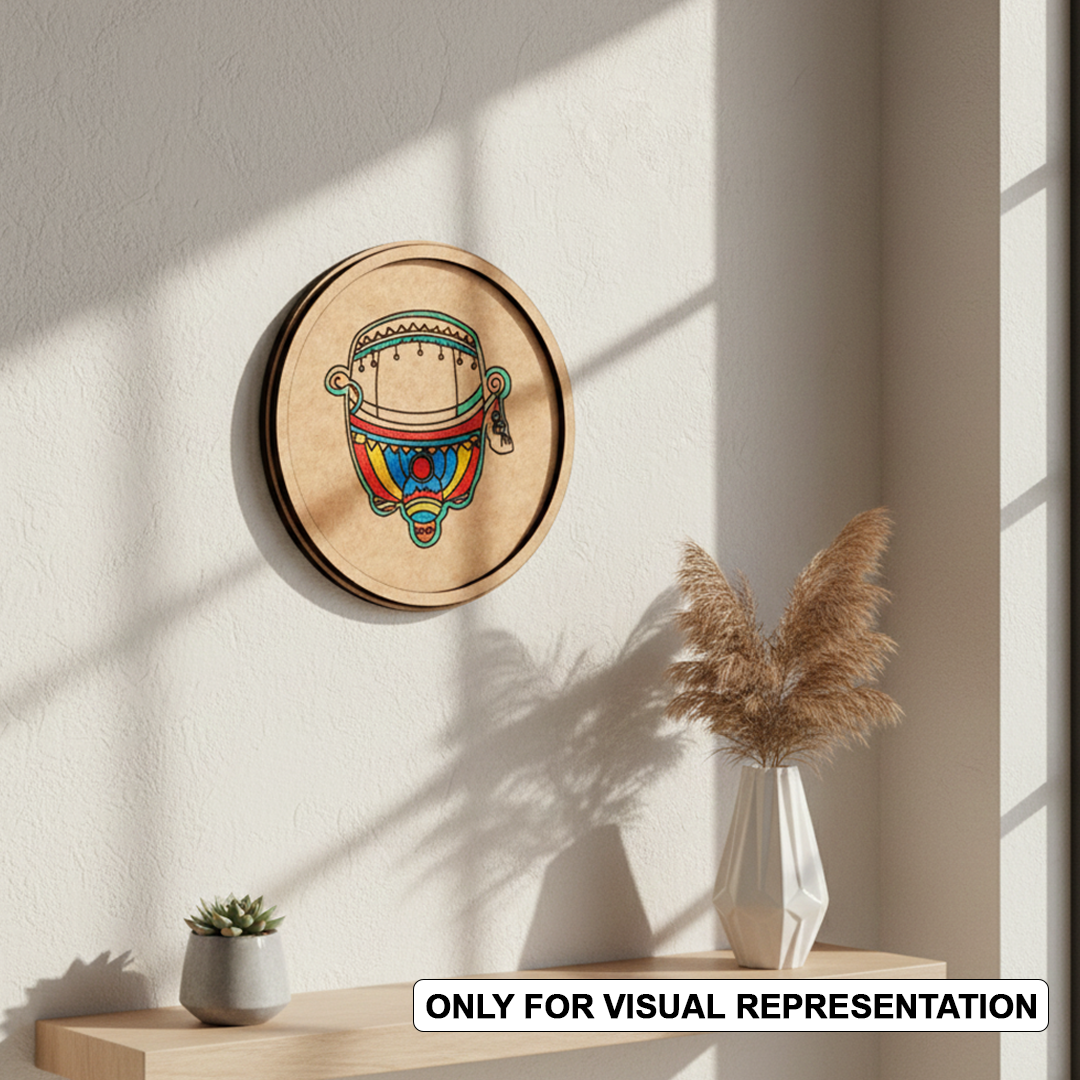 Bordered painted pre marked MDF round base with dhol design for DIY painting and craft projects hanging on wall