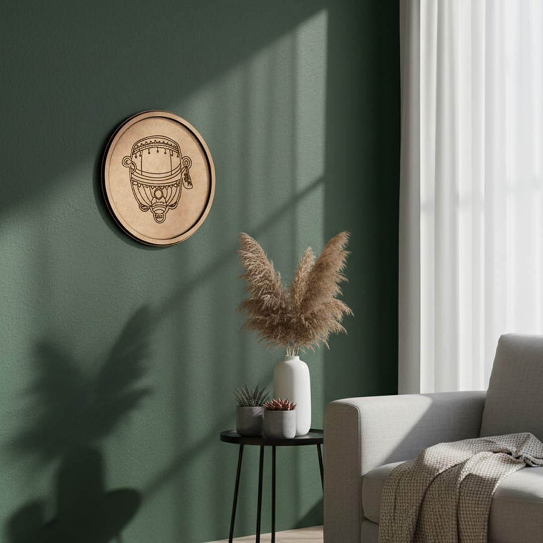 Bordered pre marked MDF round base with dhol design for DIY painting and craft projects hanging on wall