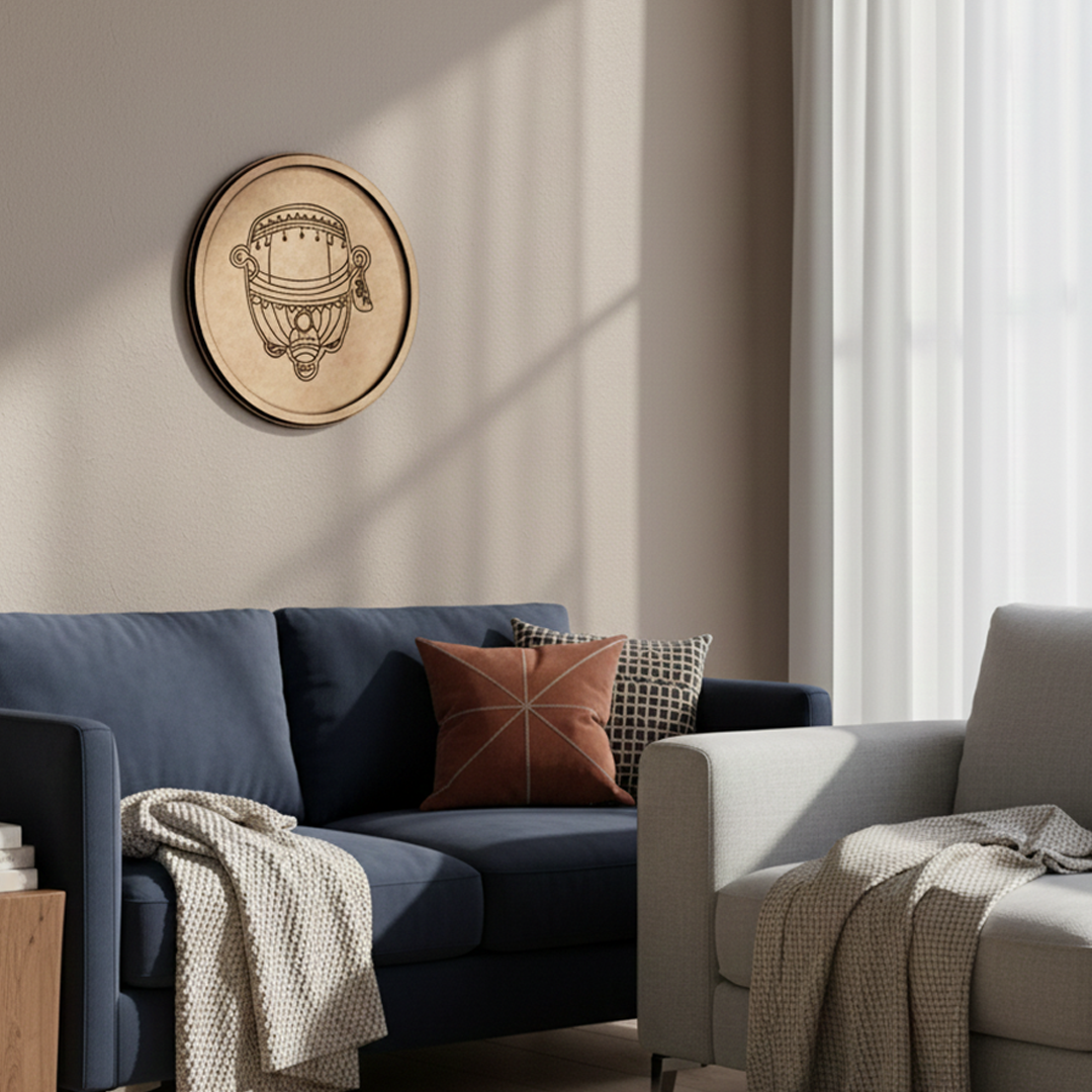 Bordered pre marked MDF round base with dhol design for DIY painting and craft projects hanging on wall